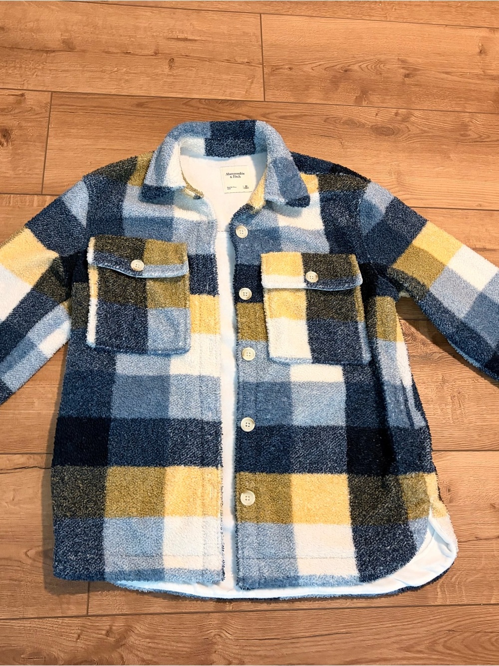 New Abercrombie & Fitch Blue, Yellow & White Plaid Sherpa Shacket Jacket size M